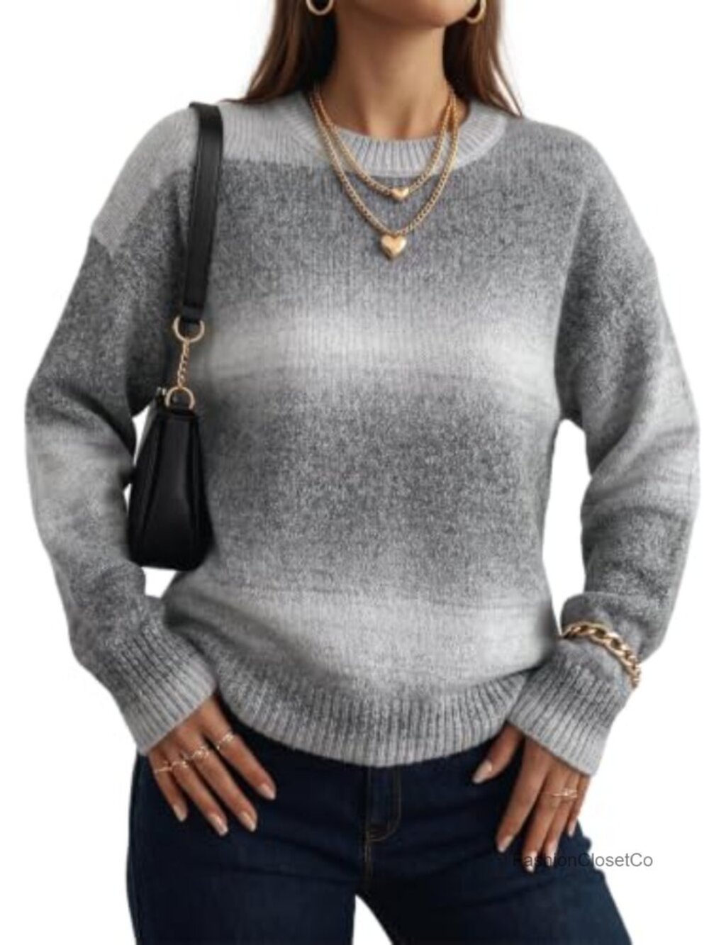 Comfy Long Sleeve Knit Gradient Sweater - Crewneck Pullover with Cable Knit